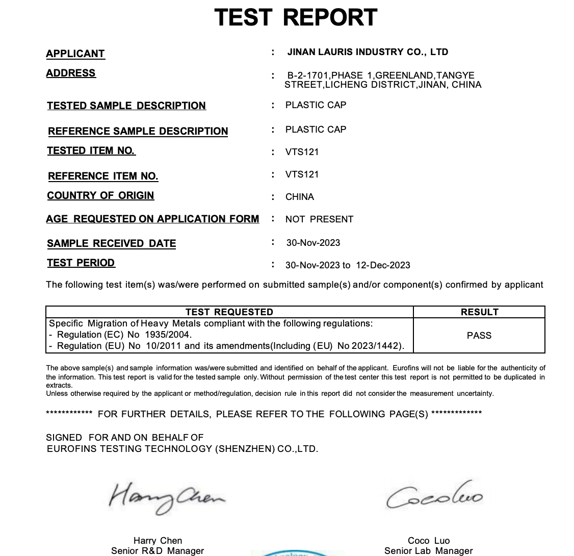 Eurofins Plastic Cap Migration Heavy Metal Test Report