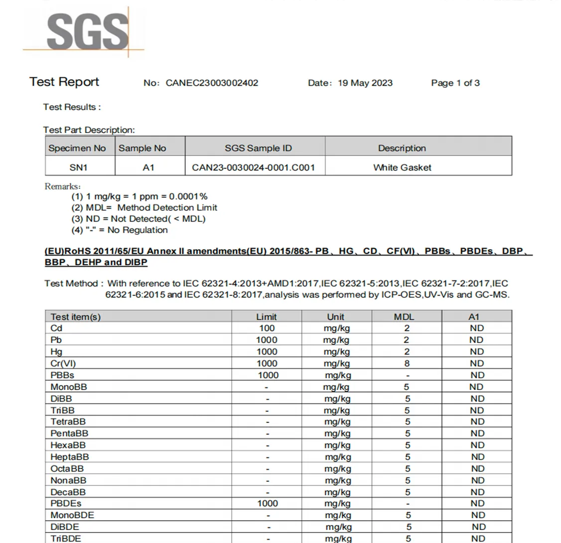 SGS White Gasket EU RoHS Test Report